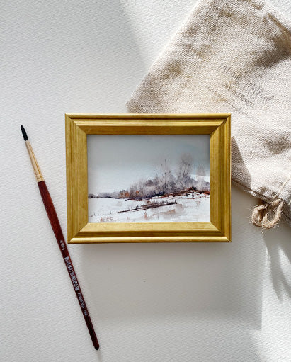 Winter Field 3" x 2" Framed Original Watercolour